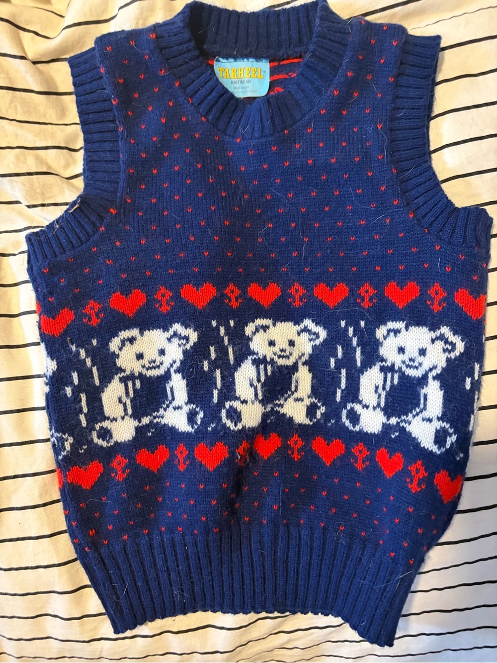 Vintage Tarheel Bramd Knit Teddy Bear Sweater Vest - Navy with Red & White